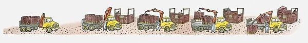 Sequence of illustrations of cargo containers on top of and being hoisted off heavy goods vehicles
