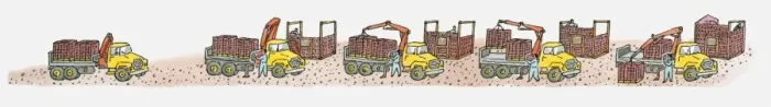 Framed Print : Sequence of illustrations of cargo containers on top of and being hoisted off heavy goods vehicles Framed Print : Sequence of illustrations of cargo containers on top of and being hoisted off heavy goods vehicles