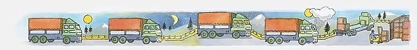 Sequence of illustrations of delivery truck travelling on roads during day, night, and sunrise