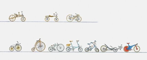 Sequence of illustrations of history of the bicycle