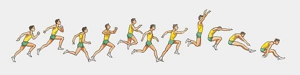 Sequence of illustrations of male athlete performing triple jump