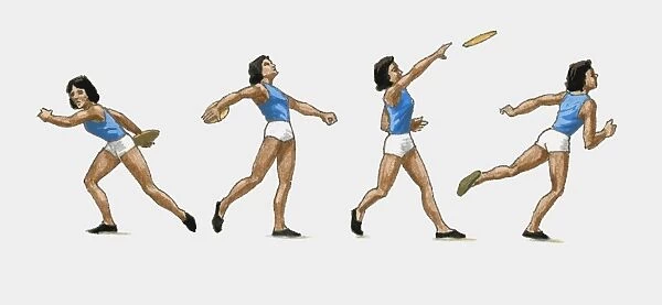Sequence of illustrations showing female athlete throwing discus