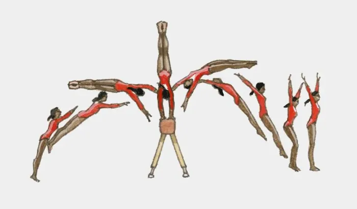 Framed Print : Sequence of illustrations showing female gymnast competing on vault Framed Print : Sequence of illustrations showing female gymnast competing on vault