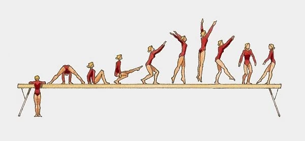Sequence of illustrations showing female gymnasts competing on balance beam