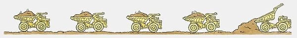Sequence of illustrations showing giant dumper truck on the move