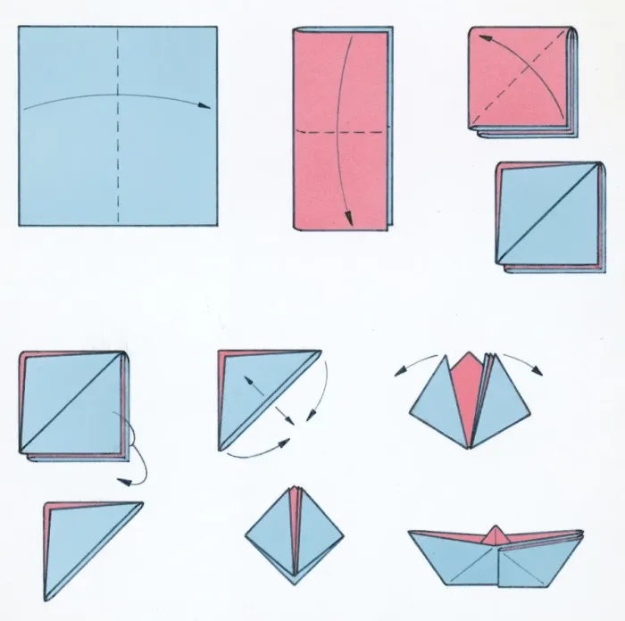Framed Print : Sequence of illustrations showing how to make a pink and blue paper boat Framed Print : Sequence of illustrations showing how to make a pink and blue paper boat