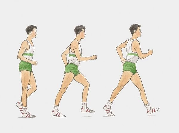 Sequence of illustrations showing male athlete racewalking