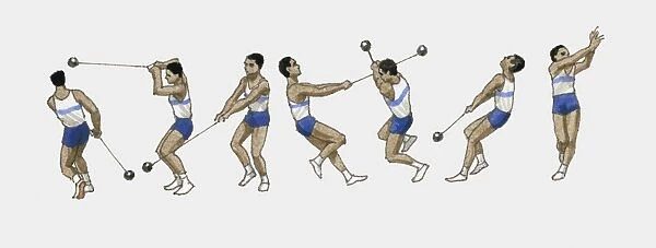 Sequence of illustrations showing male athlete throwing hammer