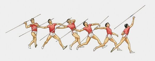 Sequence of illustrations showing male athlete throwing javelin