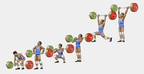 Sequence of illustrations showing man weightlifting
