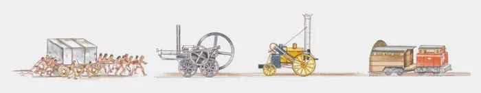 Framed Print : Sequence of illustrations showing slaves pulling stone, Trevithicks locomotive, Stephensons Rocket Framed Print : Sequence of illustrations showing slaves pulling stone, Trevithicks locomotive, Stephensons Rocket