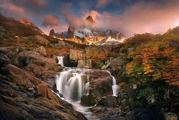 Serenity. Patagonia in autumn. Hidden waterfall with Mt