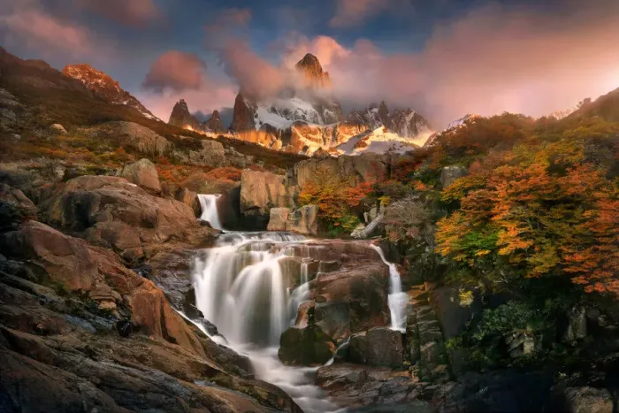 Framed Print : Serenity. Patagonia in autumn. Hidden waterfall with Mt
