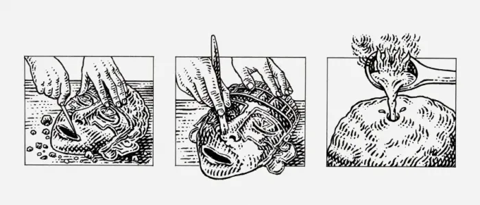 Framed Print : Series of black and white illustration of how Aztec masks were made using gold