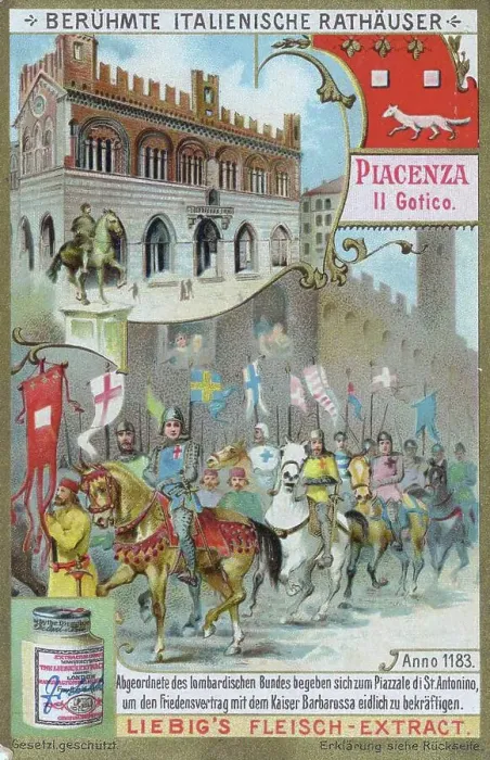 Framed Print : Series of famous Italian town halls, Italy, Piacenza, il Gotico, Deputies of the Lombard League go to the Piazzale di St. Antonio to confirm the peace treaty with Emperor Barbarossa, Historical Framed Print : Series of famous Italian town halls, Italy, Piacenza, il Gotico, Deputies of the Lombard League go to the Piazzale di St. Antonio to confirm the peace treaty with Emperor Barbarossa, Historical