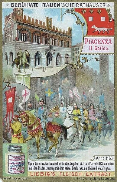 Series of famous Italian town halls, Italy, Piacenza, il Gotico, Deputies of the Lombard League go to the Piazzale di St. Antonio to confirm the peace treaty with Emperor Barbarossa, Historical