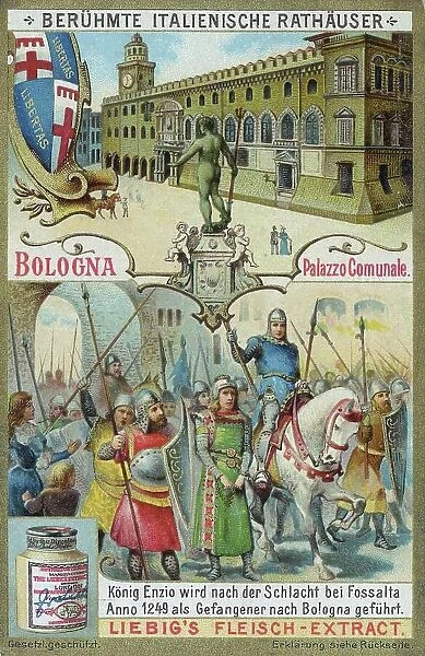 Series of famous Italian town halls, Italy, Bologna, Palazzo comunale, King Enzio is led as a prisoner to Bologna after the battle of Fossalta in 1249, Historical, digitally restored reproduction of a collector's picture from ca 1900