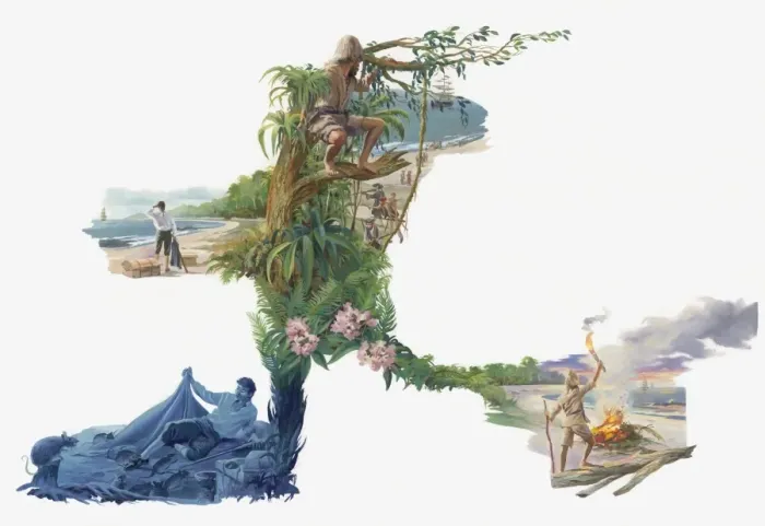 Framed Print : Series of illustrations of castaway Alexander Selkirk in isolated jungle home, rats attacking him at night, and fire used as rescue signal Framed Print : Series of illustrations of castaway Alexander Selkirk in isolated jungle home, rats attacking him at night, and fire used as rescue signal