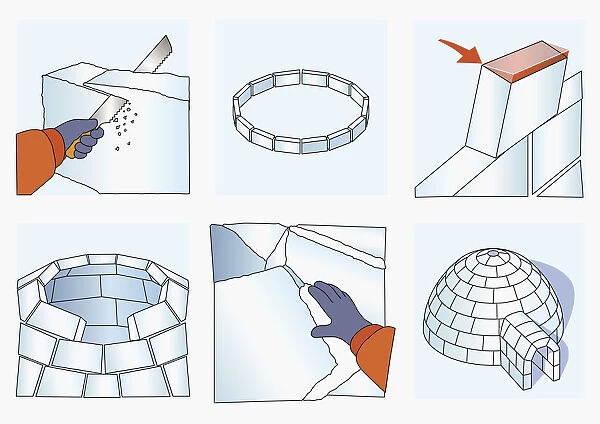 Series of illustrations showing how to construct an igloo