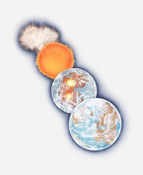 Series of illustrations showing formation of Planet Earth from cloud of gas and dust and ball of hot rock