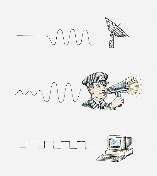 Series of illustrations showing oscillating current and radar telescope, sound wave and man using megaphone, radio waves and PC