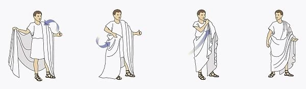 Series of illustrations showing Roman man dressing in toga