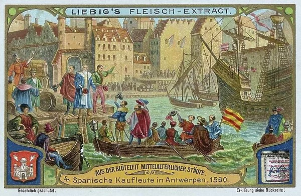 Series of pictures from the heyday of medieval cities, Spanish merchants in Antwerp, Belgium, in 1560, digitally restored reproduction of a collective picture from c. 1900, public domain, exact date unknown