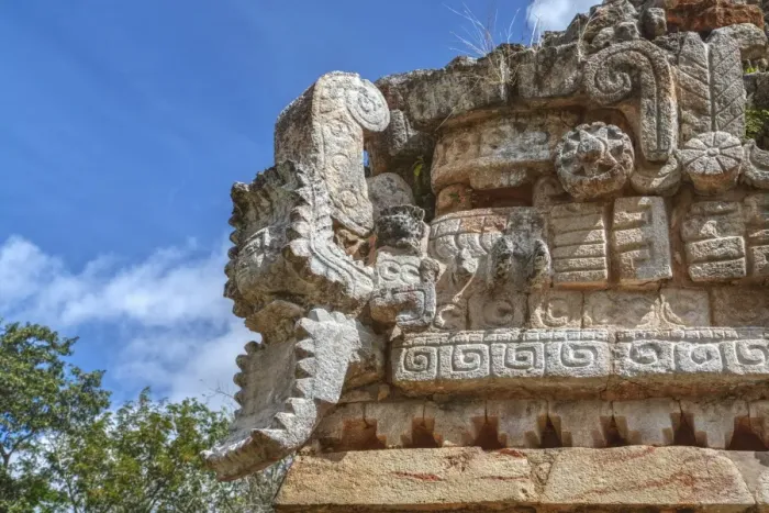Framed Print : Serpents head with human face, The Palace, Labna, Mayan Ruins Framed Print : Serpents head with human face, The Palace, Labna, Mayan Ruins
