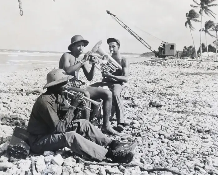 Framed Print : Three Servicemen Play Instruments / Beach Framed Print : Three Servicemen Play Instruments / Beach
