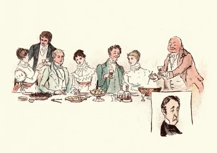 Framed Print : Serving glasses of warm punch after victorian christmas dinner
