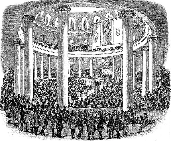 A session of the German National Assembly in the Paulskirche in Frankfurt, Germany, ca 1799, Historic, digital reproduction of an original 19th century document