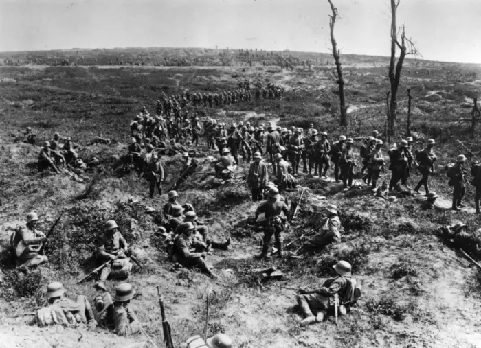 Framed Print : Setback. May 1916: German infantry retreating in a column across the desolate Framed Print : Setback. May 1916: German infantry retreating in a column across the desolate