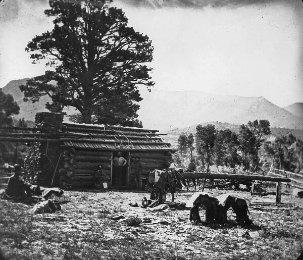 Cabin. circa 1870: A settlers cabin in Rio de la Mancis, North America