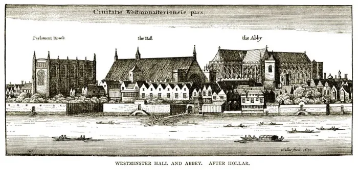 Framed Print : Seventeenth century view over the River Thames to Parliament House, Westminster Hall and Westminster Abbey