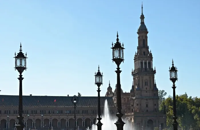 Framed Print : Sevilla. View of the south tower closeup backlight lamps in the Plaza of Spain, Sevilla Framed Print : Sevilla. View of the south tower closeup backlight lamps in the Plaza of Spain, Sevilla
