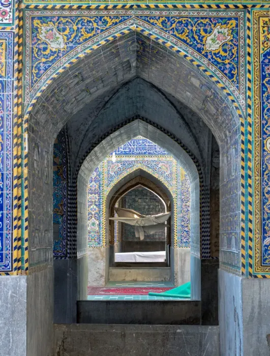 Framed Print : Seyyed mosque tile decorated covered gallery, Isfahan, Iran