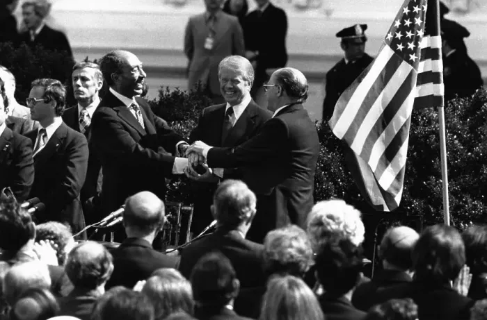 Framed Print : Shaking Hands After Signing Camp David Accords Framed Print : Shaking Hands After Signing Camp David Accords