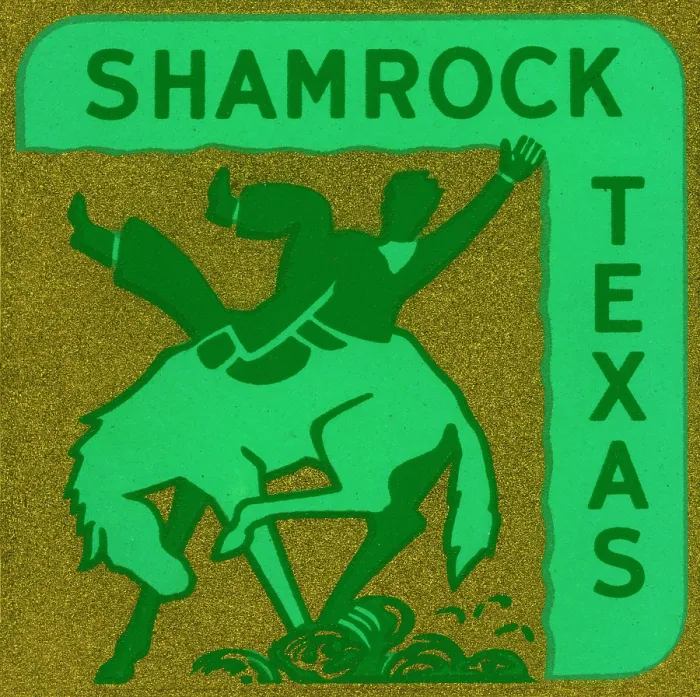 Framed Print : Shamrock. USA - 1948: A decal of a man riding a horse for Shamrock, Texas from 1948 in USA