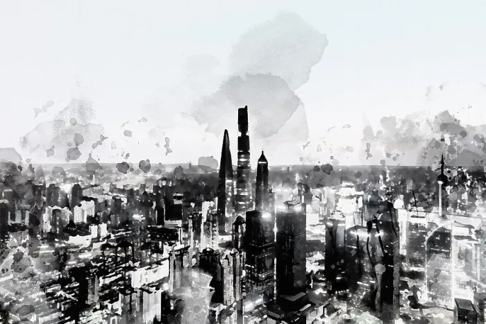 Framed Print : Shanghai skyline, night view, ink painting style Framed Print : Shanghai skyline, night view, ink painting style