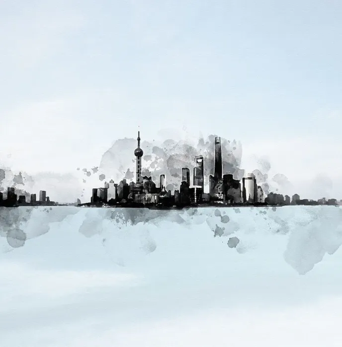 Framed Print : Shanghai skyline in a sunny day, ink painting style Framed Print : Shanghai skyline in a sunny day, ink painting style