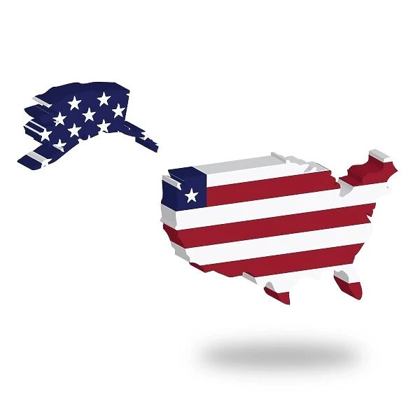 Shape and national flag of the United States of America, USA, levitating, 3D computer graphics