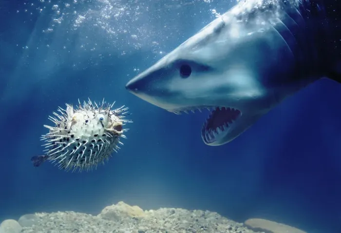 Framed Print : Shark Confronts Puffer Fish Framed Print : Shark Confronts Puffer Fish