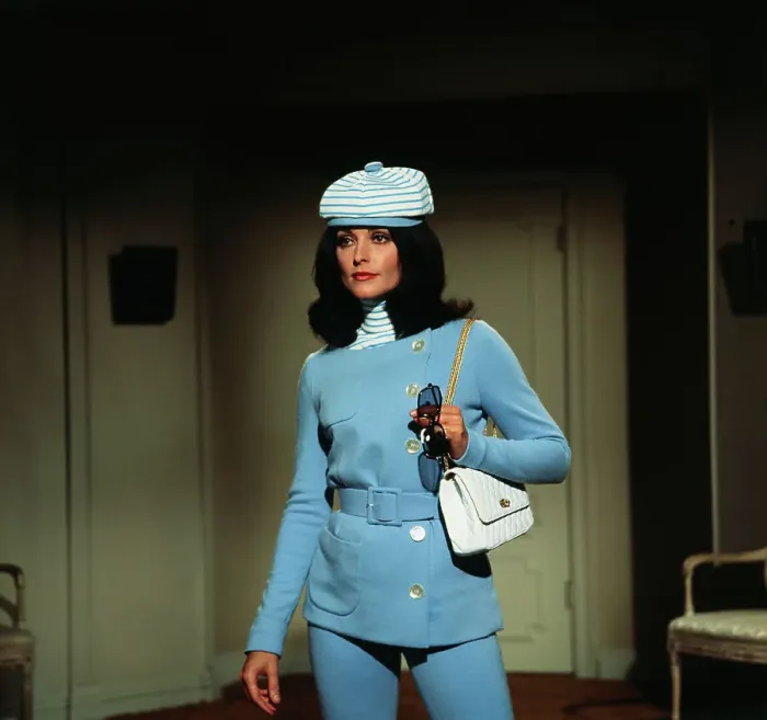 Framed Print : Sharon Tate Posing in a Blue Suit Framed Print : Sharon Tate Posing in a Blue Suit