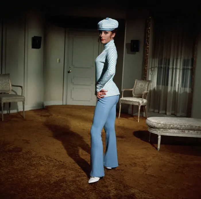 Framed Print : Sharon Tate Posing in a Blue Suit Framed Print : Sharon Tate Posing in a Blue Suit