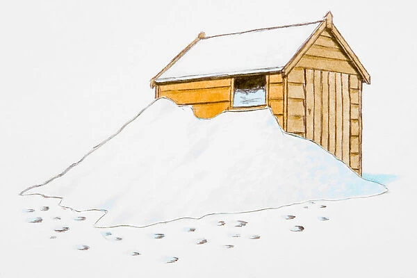 Shed covered in snow, footprints