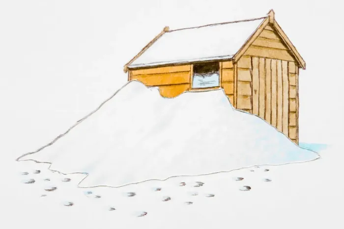 Framed Print : Shed covered in snow, footprints