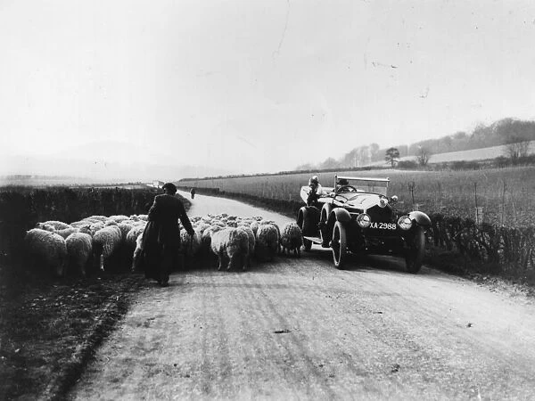 Sheep Jam. circa 1925: A herd of sheep on an English country road