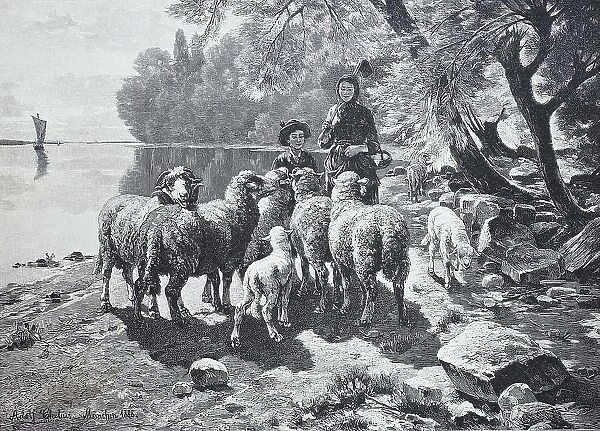 Sheep on Lake Constance, Germany, Couple Watching the Animals, Historical, digitally restored reproduction of an original 19th-century print