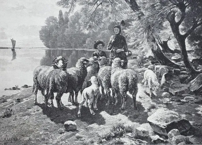 Framed Print : Sheep on Lake Constance, Germany, Couple Watching the Animals, Historical, digitally restored reproduction of an original 19th-century print Framed Print : Sheep on Lake Constance, Germany, Couple Watching the Animals, Historical, digitally restored reproduction of an original 19th-century print