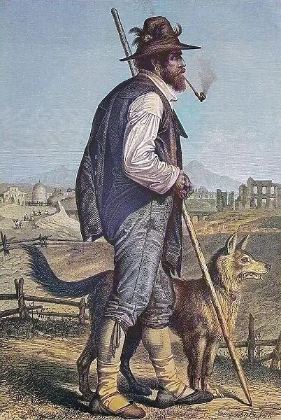 Shepherd from the Campagna, Italy, historical wood engraving, ca. 1880, digitally restored reproduction of a 19th century original, exact original date unknown, coloured